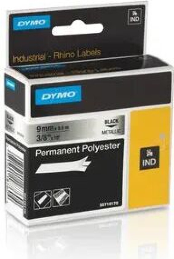 Dymo Tape Rhinopro Permanent Polyester 9mm Svart/metallisk