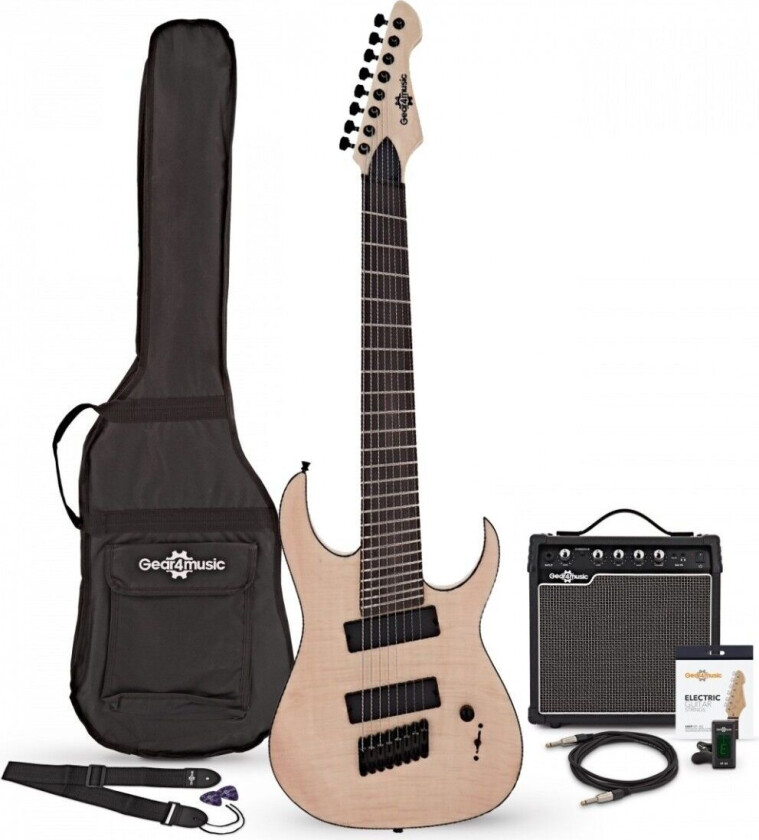 Bilde av Gear4Music Harlem S 8-Strengs Fanned Fret Gitar + 15W Forsterkerpakke Natural