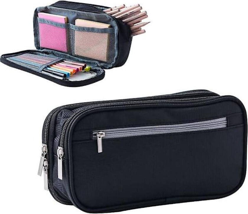 Stor kapasitet lerret pennal 3 romsveske multifunksjonell markørpenn poseholder kontor høyskole skole for gutt mann tenåring student voksen (svart