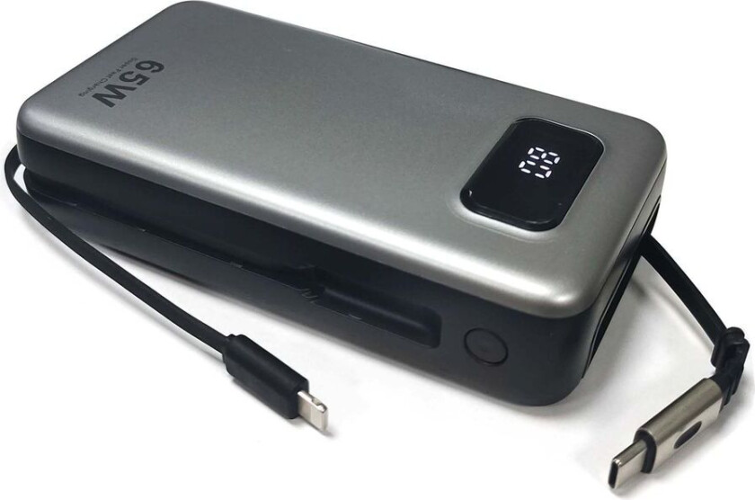 Kraftig Powerbank med Innebygde Kabler 20000mAh 65W USB-C/Lightning