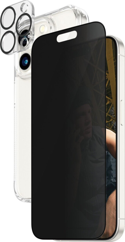 iPhone 15 Pro 3-i-1 Bundle m. EasyAligner - Privacy Skjermbeskyttelse (UWF) / Deksel / Kamerabeskyttelse - Gjennomsiktig / Svart