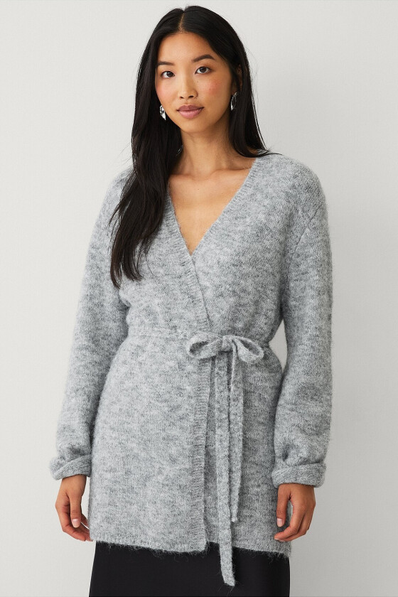 Åpen cardigan med bindebelte - Grå