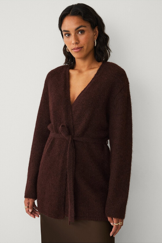 Åpen cardigan med bindebelte - Brun