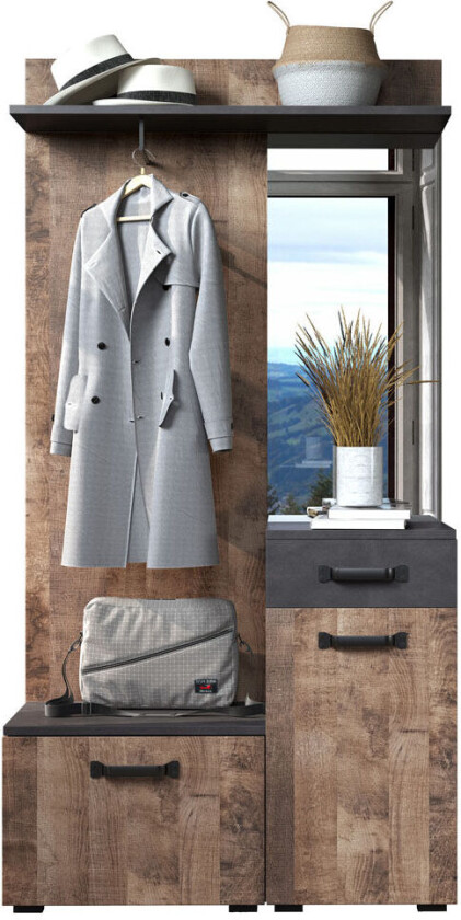 Smile garderobesett 1 hylle, 1 garderobestang, 1 klappdør, 1 dør, 1 skuff grå Matera dekor, tobakk eik dekor.