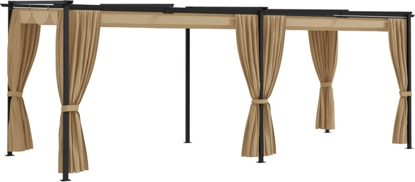 Paviljong med gardiner 6x3 m gråbrun stål