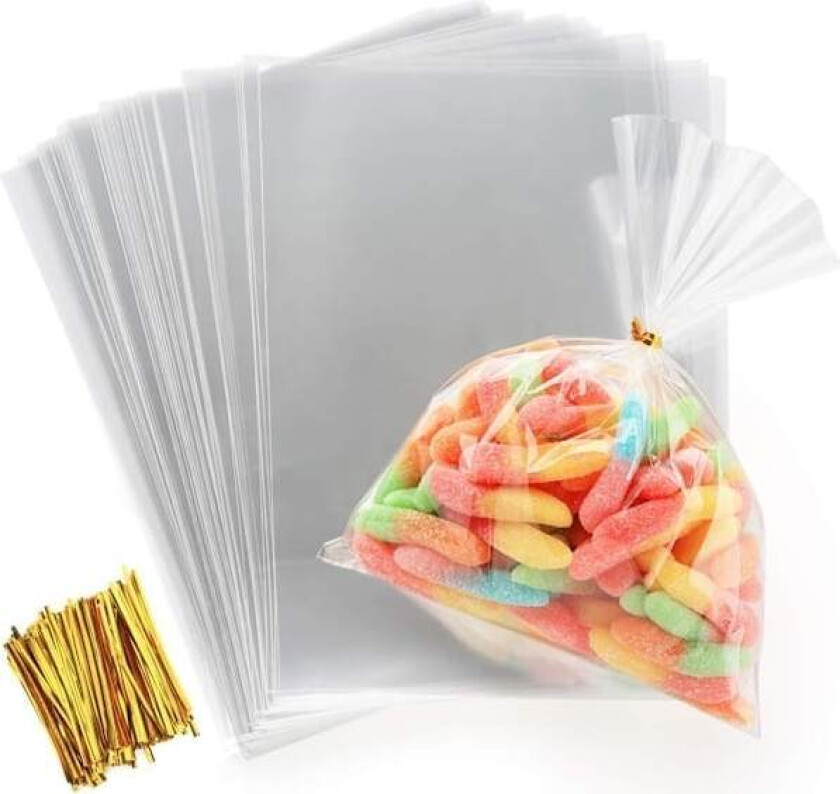 200 stk Klar Plastpose OPP-pose 15x20cm Cellofan Godtepose Transparent Gavepose med Twist Tie 10cm for