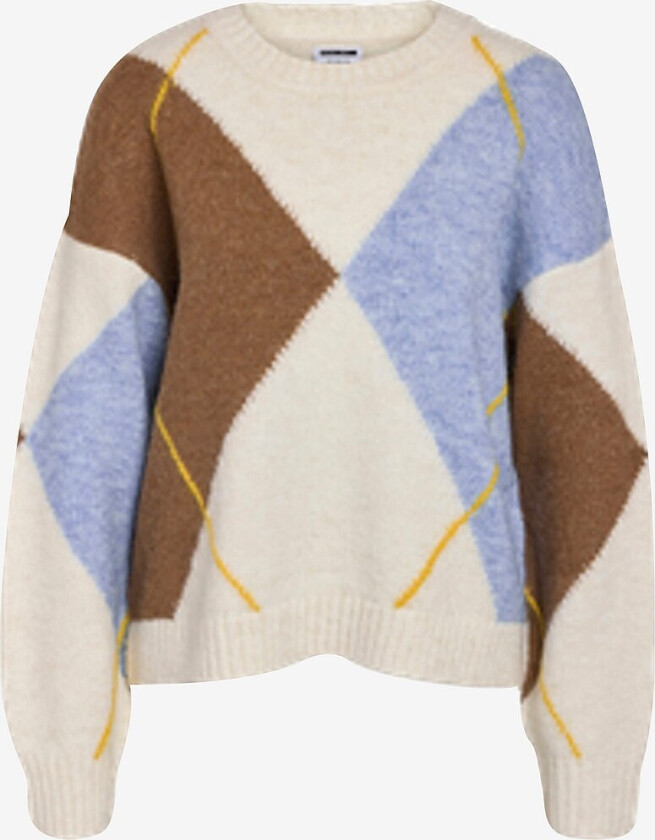 Pullover nmArmie L/s O-neck Argyle Knit Curv - Hvit