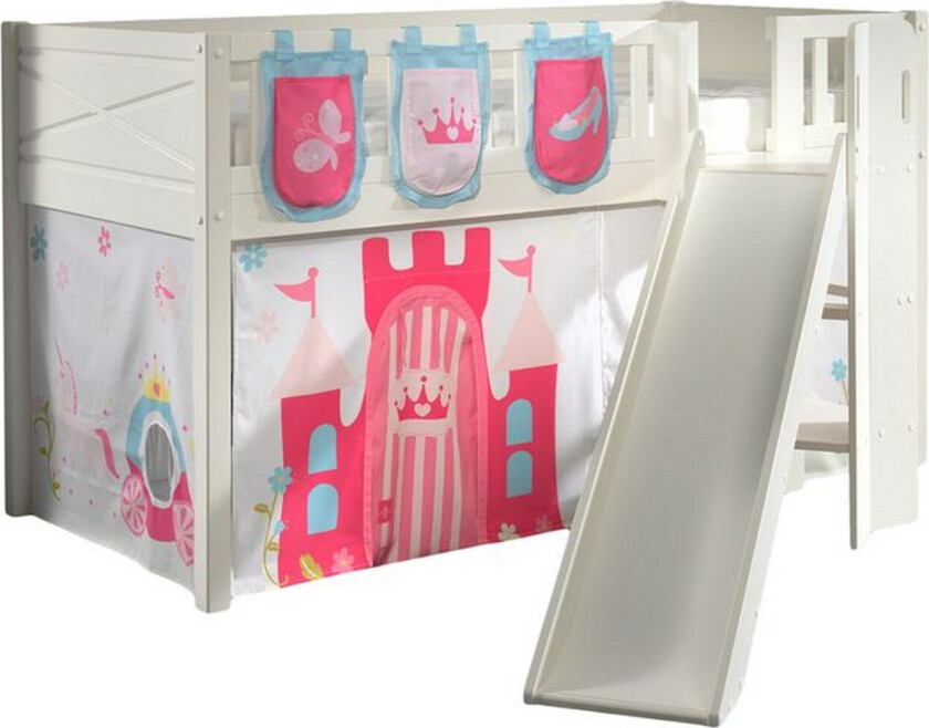 Halvhøy seng med sklie og matchende tekstilsett (lekgardin og oppbevaringslommer) Scott Prinsesse - Prinsesse