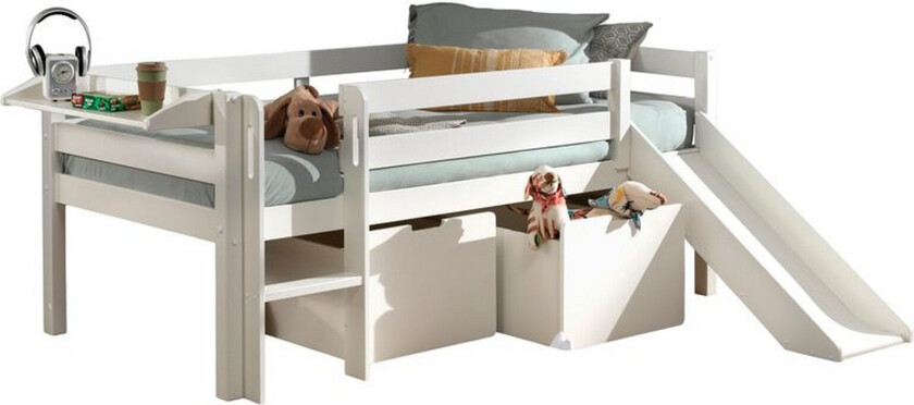 Halvhøy seng med stige og skuffer Pino Hvit, Sett med 2, Med Hengende Hylle - Hvit, Sett med 2, Med Hengende Hylle