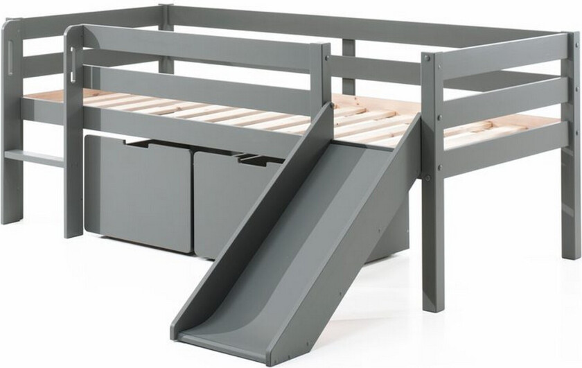 Halvhøy seng med stige og skuffer Pino Grå, Sett med 2, Uten hengende hylle - Grå, Sett med 2, Uten hengende hylle