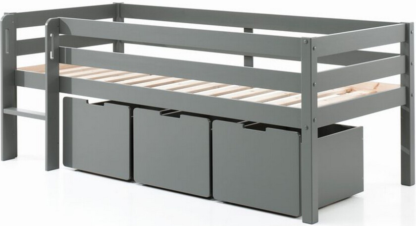 Halvhøy seng med stige og skuffer Pino Grå, Sett med 3, Uten hengende hylle - Grå, Sett med 3, Uten hengende hylle