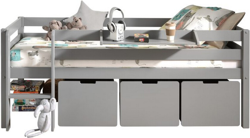 Halvhøy seng med stige og skuffer Pino Grå, Sett med 3, Med Hengende Hylle - Grå, Sett med 3, Med Hengende Hylle