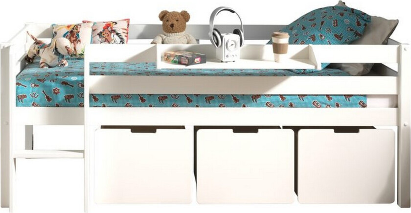 Halvhøy seng med stige og skuffer Pino Hvit, Sett med 3, Med Hengende Hylle - Hvit, Sett med 3, Med Hengende Hylle