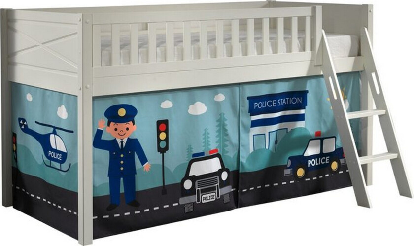 Halvhøy seng med stige og matchende tekstilsett (lekgardin) Scott Politi - Politi