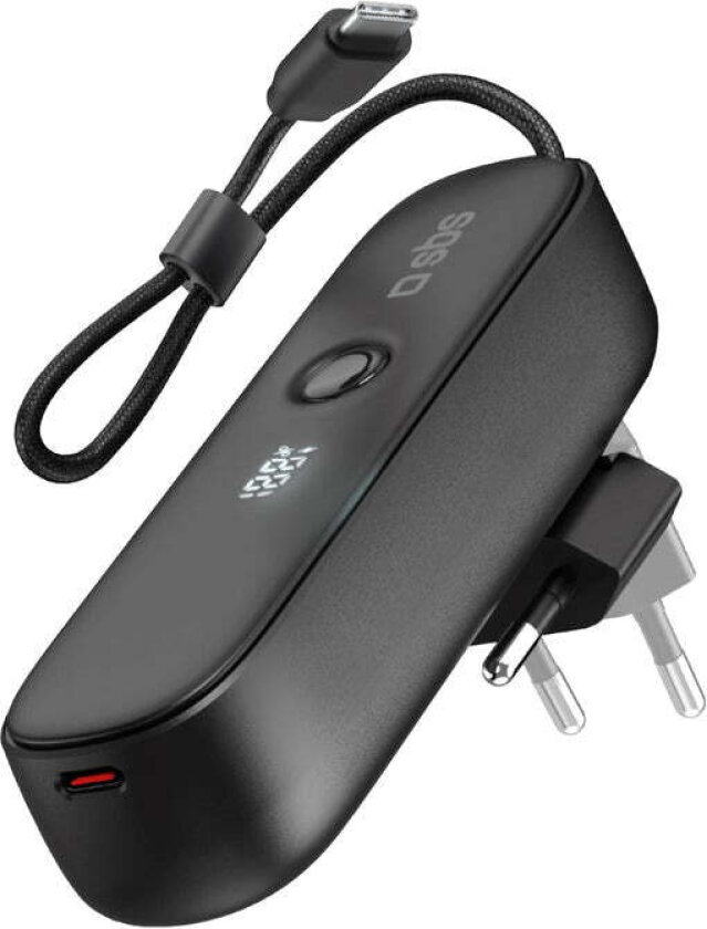 2-i-1 Hybrid PowerBank & Vegglader m. USB-C Kabel - 5000 mAh / 20W - Svart