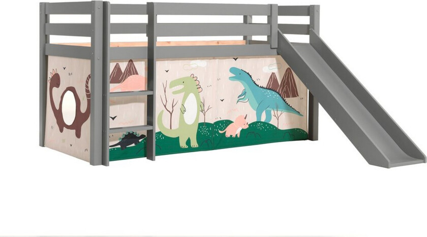 Høyseng med gardin og sklie Pino Grå, Dino - Grå, Dino