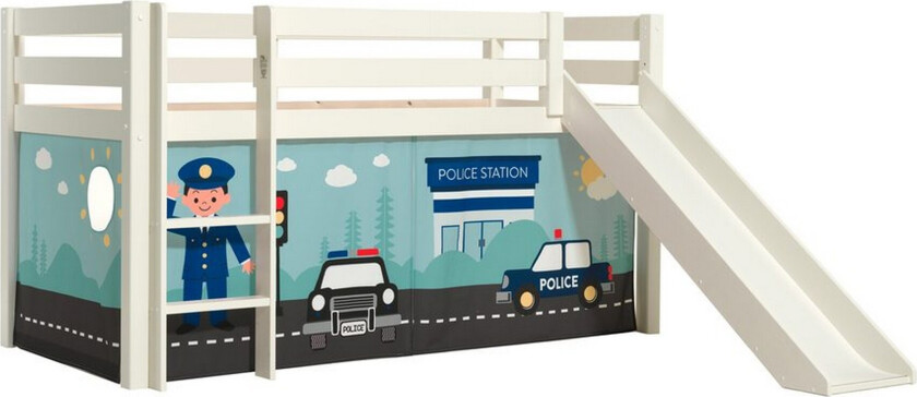 Høyseng med gardin og sklie Pino Hvit, Politi - Hvit, Politi