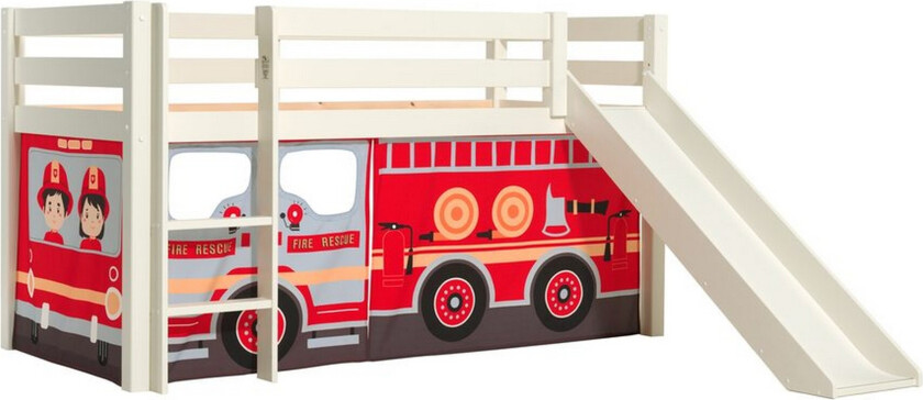 Høyseng med gardin og sklie Pino Hvit, Brannbil - Hvit, Brannbil