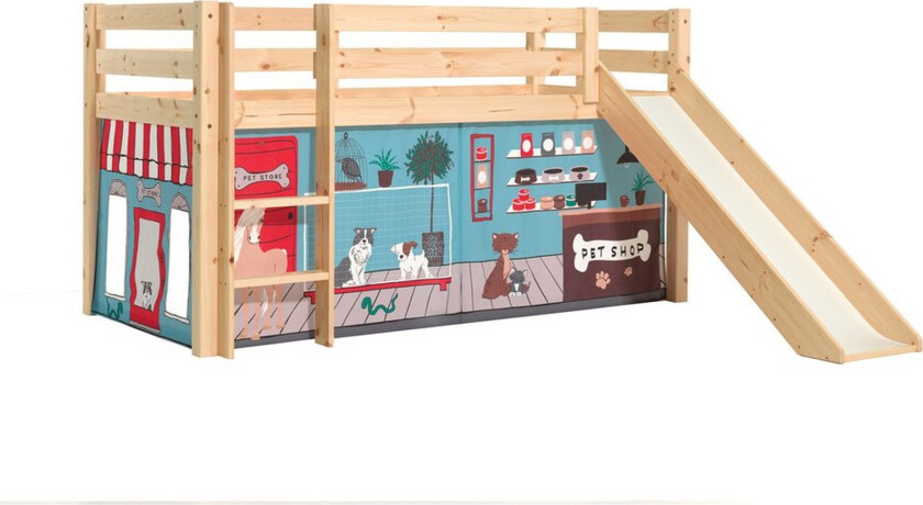 Høyseng med gardin og sklie Pino Naturlig, Dyrebutikk - Naturlig, Dyrebutikk