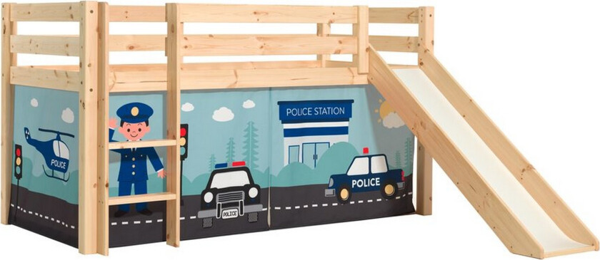 Høyseng med gardin og sklie Pino Naturlig, Politi - Naturlig, Politi