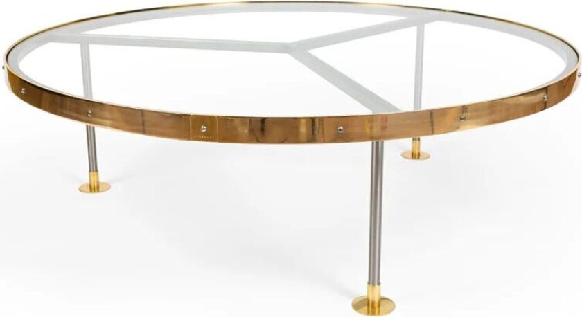 Sofabord 14 glass, lakkert stålstativ, messingplate