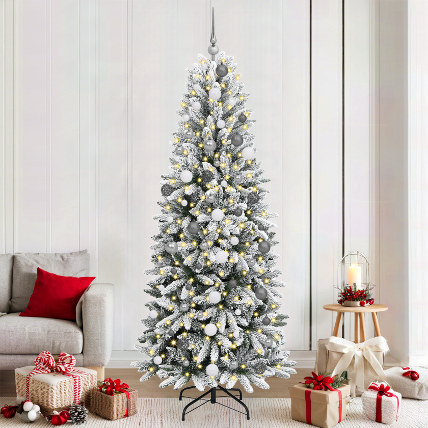 Kunstig juletre med dekorative strenglys Hvit 210 cm PVC