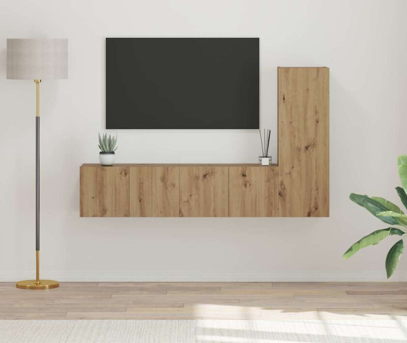 TV-benksett med hylle Veggmontert med lagring med dør 3 pcs artisan eik 150.5 x 30 x 90 cm