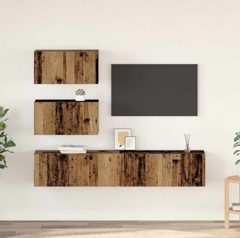 TV-benksett Veggmontert med lagring med dør 4 pcs Gammelt tre 80 x 30 x 30 cm