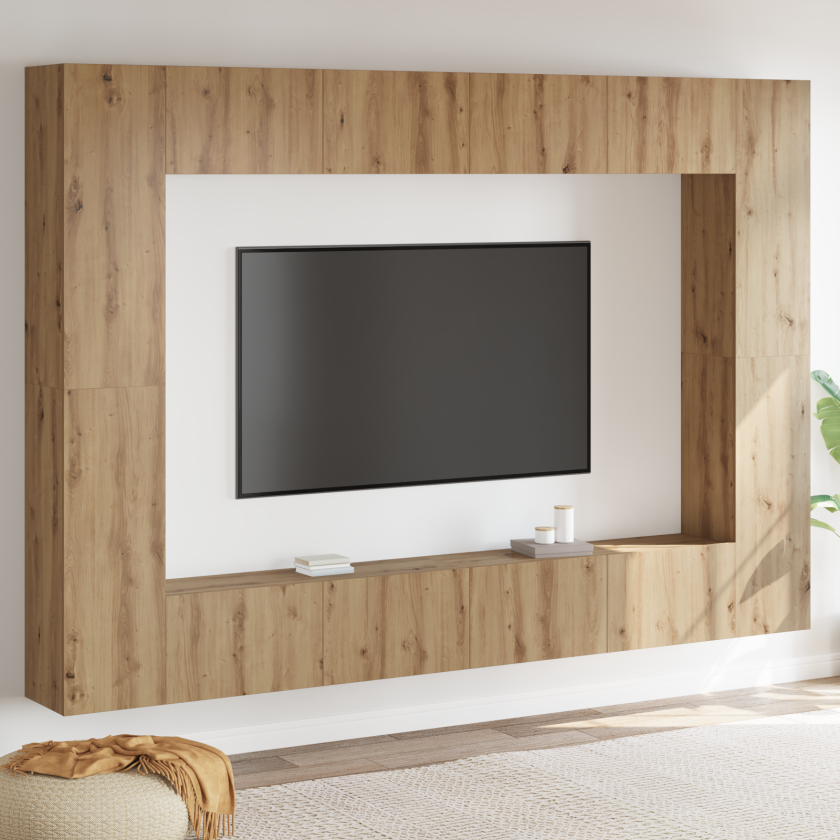 TV-benksett med hylle Veggmontert med lagring med dør 8 pcs artisan eik Medium Konstruert tre