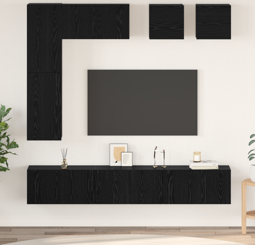 TV-benksett med hylle Annet med lagring med dør 8 pcs Svart eik Konstruert tre