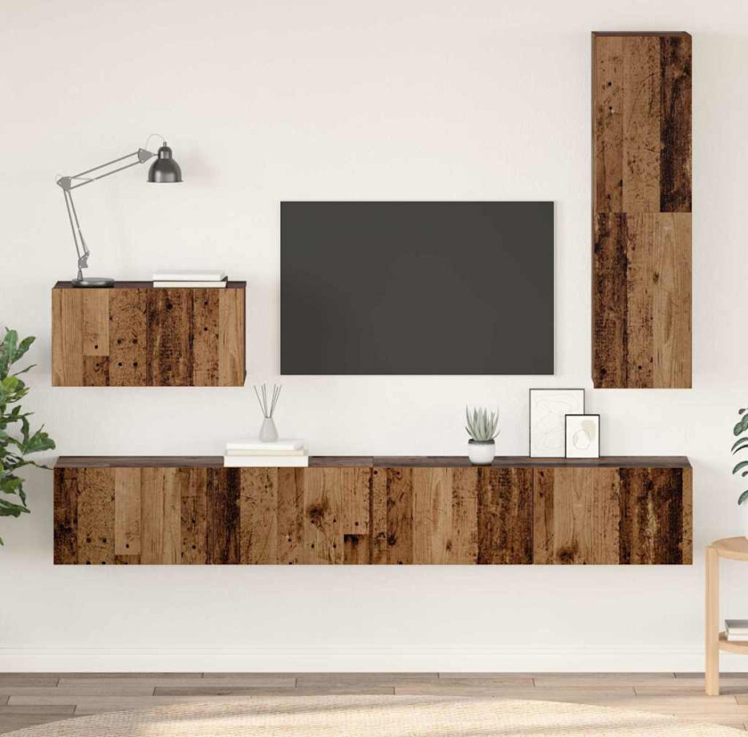 TV-benk sett med hylle 4 pcs Gammelt tre Medium Konstruert tre