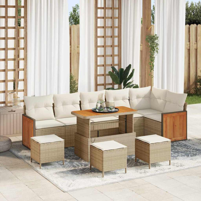10-delt Hagesofa Set med Puter Beige Poly Rattan Akasie