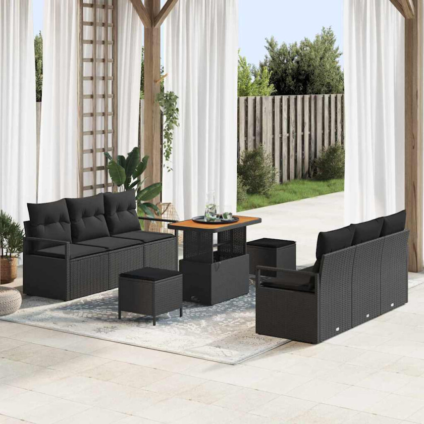 Hagesofa Set med pute med pute 9 pcs Svart Poly rattan