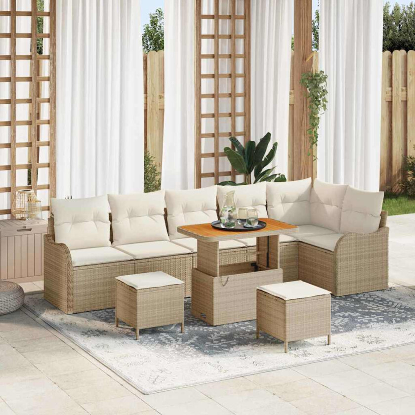 9 Delt Hage Sofa Set med Puter Beige Poly Rottings Akasie
