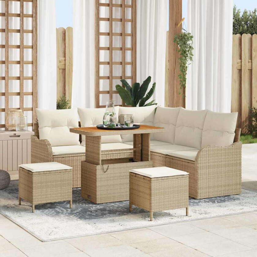 8 Delt Hagesofa-sett med Puter - Beige Poly Rattan, Akasie