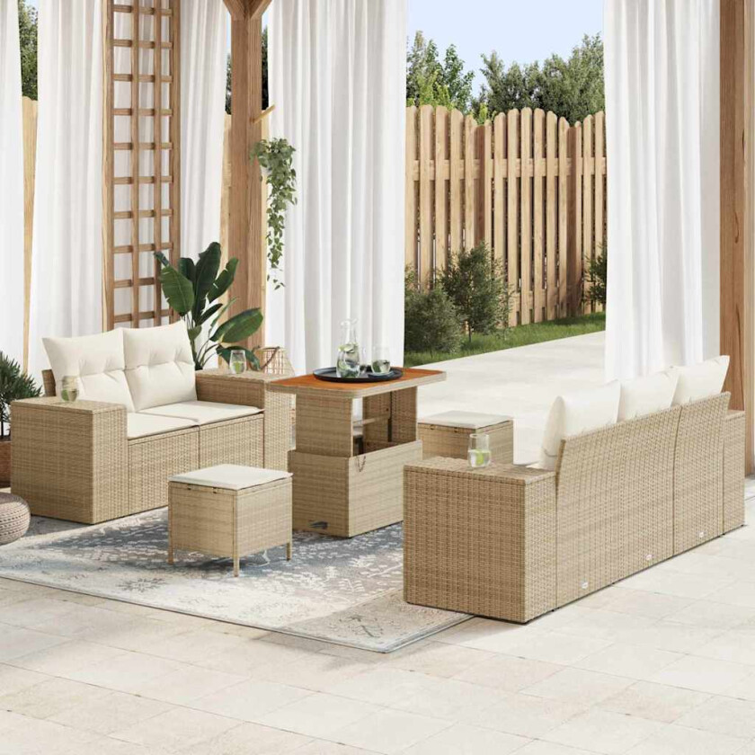 8-delt hagesofa-sett med puter i beige poly-rattan