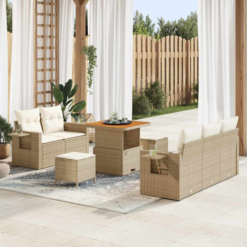 8 Deler Hagesofa Sett med Puter Beige Poly Rattan Akasie