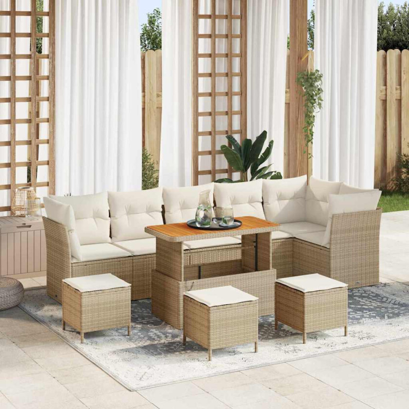 10-delt hagesofa-sett med puter, beige poly rattan