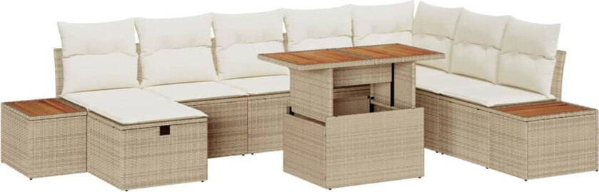 9-delt hagesofa-sett med puter i beige polyrotting og akasia