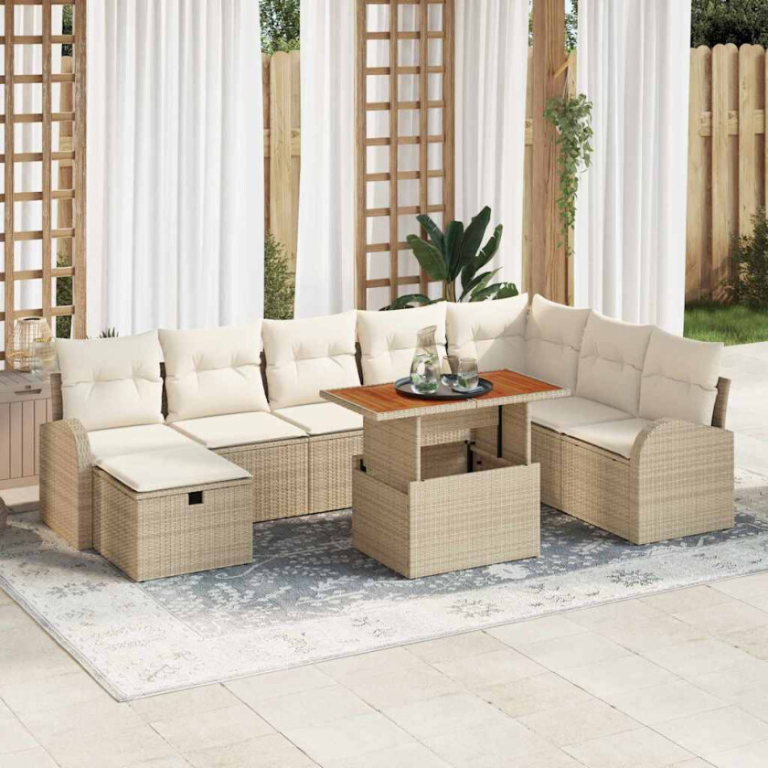 9-dels hagesofa-sett med puter i beige poly rattan