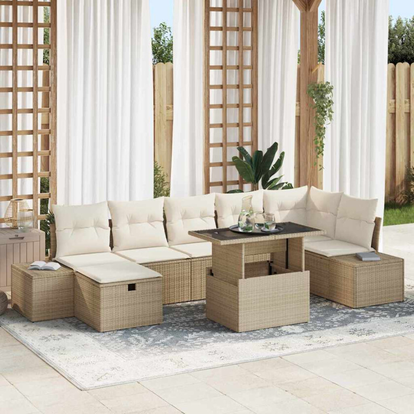 8-delt hagesofa-sett med puter, beige poly Rattan