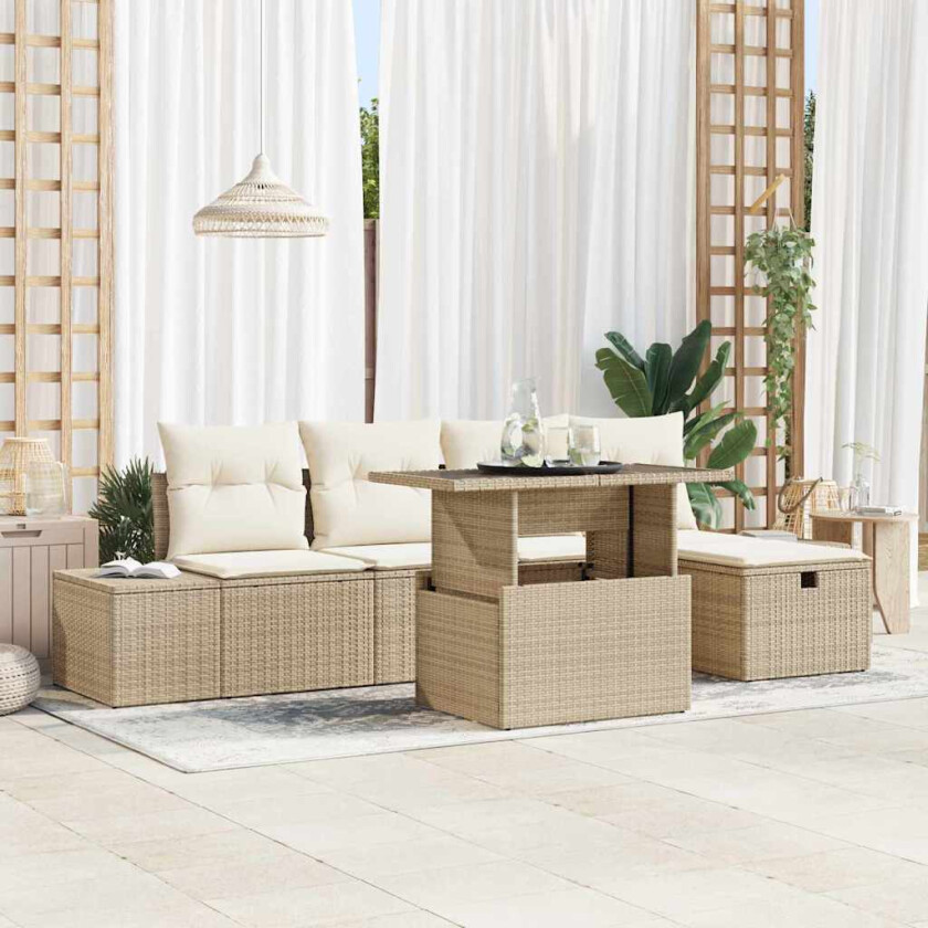 6 Delt Hagesofa-sett med Puter Beige Poly Rattan