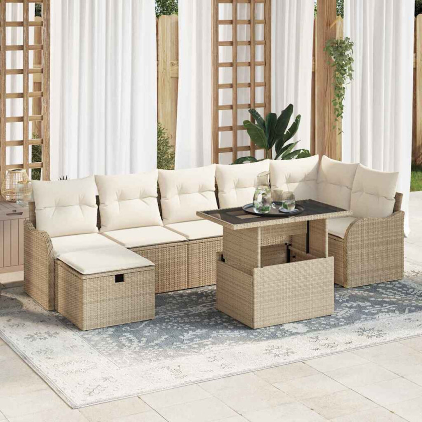 8-delt hagesofa-sett med puter, beige poly-rattan