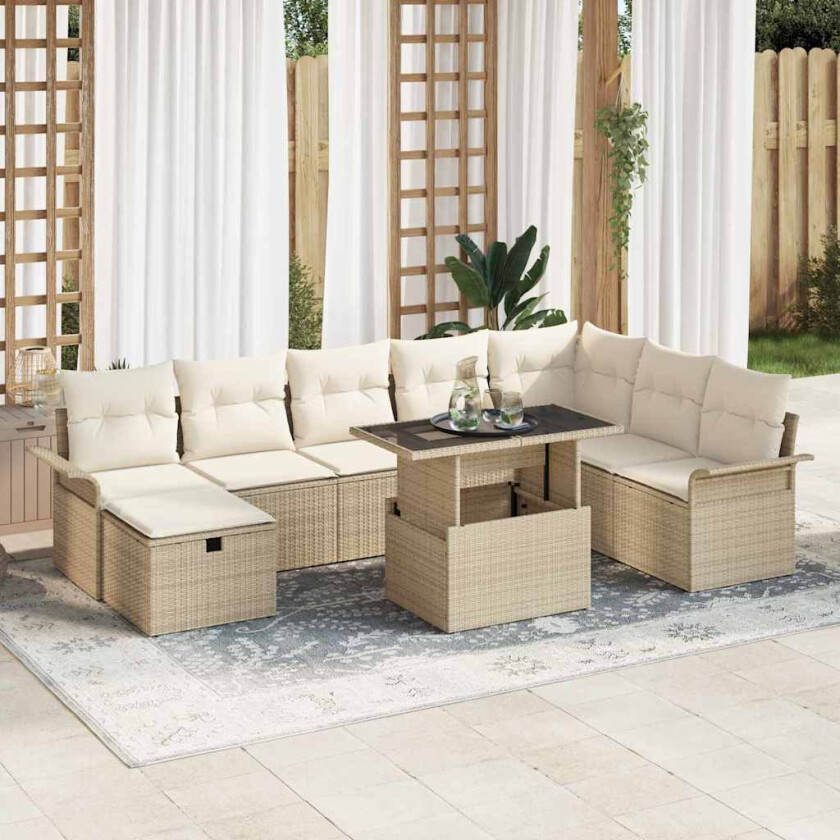 9-delt hagesofa-sett med puter, beige poly rattan
