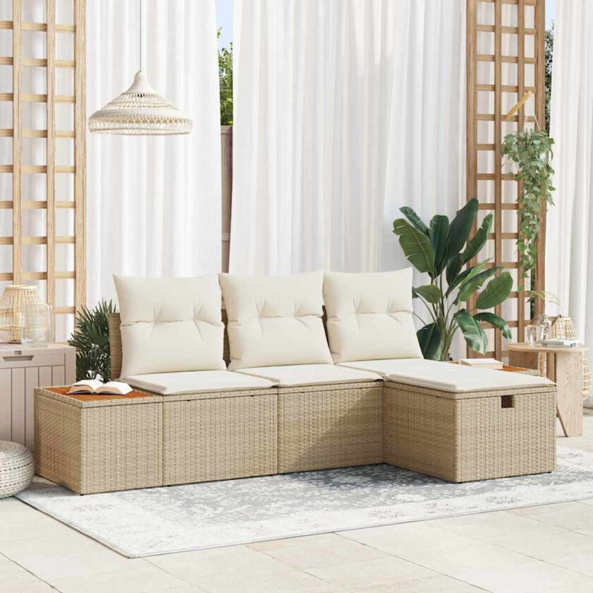4-delt hagesofa-sett med puter i beige poly rattan