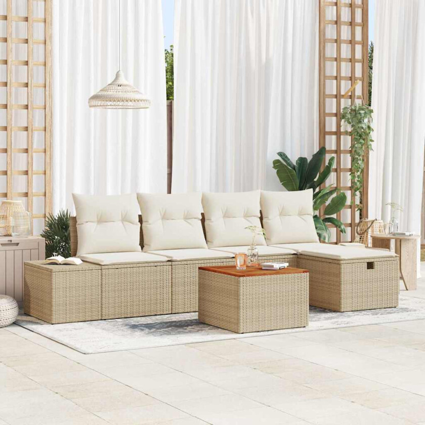 6-delt hagesofa-sett med puter i beige poly-rattan