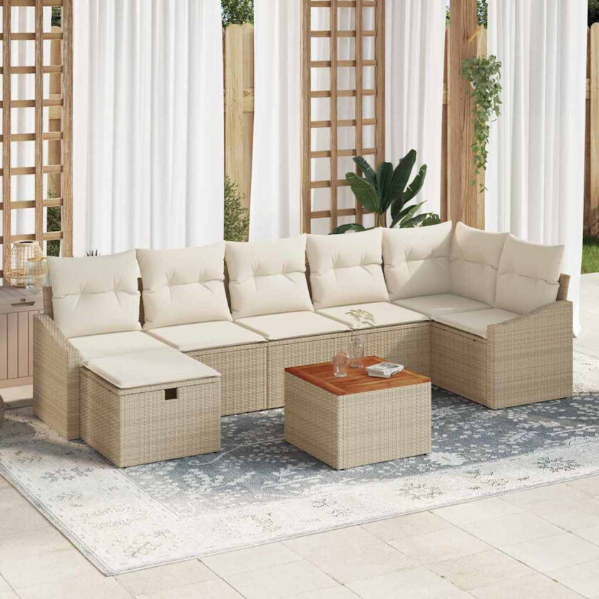 8-delt hagesofa-sett med puter i beige poly-rattan