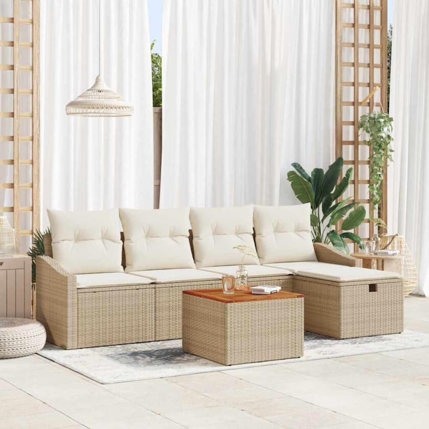 6-delt hagesofa-sett med puter i beige poly rattan