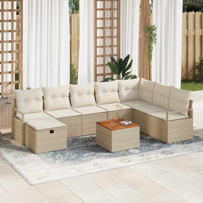 9-delt hagesofa-sett med puter i beige poly rattan