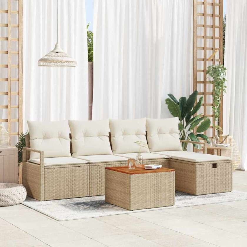 6-delt hagesofa-sett med puter i beige poly rattan